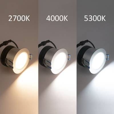 Tři stropní svítidla s barevnou teplotou 2700K (teplá), 4000K (neutrální) a 5300K (studená) jsou zobrazena pro zvýraznění různých možností osvětlení LED.