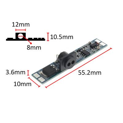 Deska plošných spojů pro LED osvětlení, tenká konstrukce 55,2 x 10 x 3,6 mm, boční pohled 12 x 10,5 x 8 mm pro upevnění žárovky