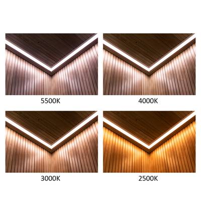 - .FI: LED osvětlení v dřevěném stropě s různými teplotami barev: 5500K, 4000K, 3000K, 2500K - .SE: LED-belysning i trätak med olika färgtemperaturer: 5500K, 4000K, LED with ceiling temperatures 5500K, 4000K, 3000K and 2500K - .DE: LED-Beleuchtung in Holzdecke mit Farbtemperaturen von 5500K, 4000K, 3000K ja 2500K