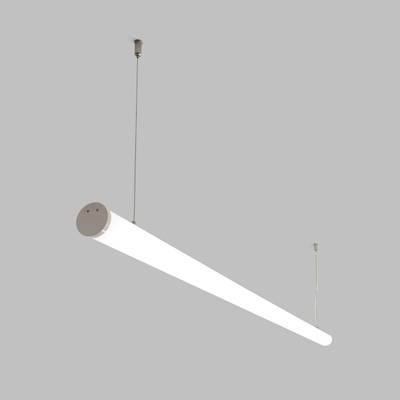 Elegantní válcové závěsné svítidlo LED zavěšené na drátech, moderní energeticky úsporné svítidlo na šedém pozadí.