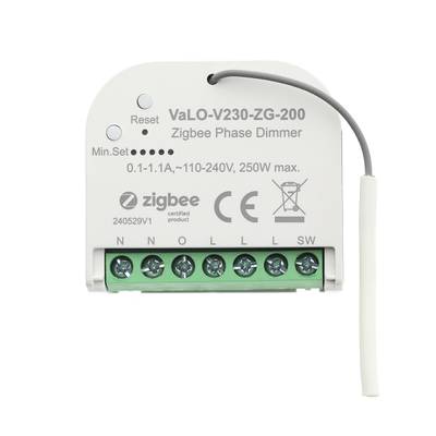 Fázový stmívač s certifikací Zigbee VaLO-V230-ZG-200, malé bílé provedení, šedé resetovací tlačítko a několik portů rozhraní pro ovládání osvětlení LED.