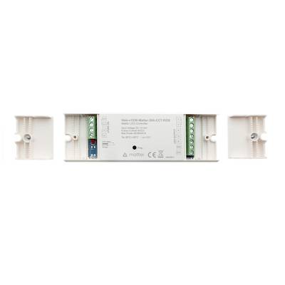 Řídicí jednotka VPRO V125-R Matter-20A-CCT-RGB LED s označenými vstupními/výstupními konektory na bílém pozadí. Obdélníkový design, ideální pro systémy LED osvětlení.