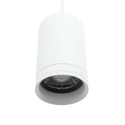 Bílé válcové světlo LED s drátem, větranou horní částí a otočným voličem ve spodní části pro nastavení jasu.