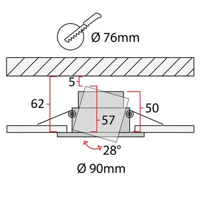 Technický výkres zapuštěného kruhového LED světla: rozměry 76 mm, 90 mm, 50 mm, úhel 28 stupňů. Ideální pro přesnou instalaci.