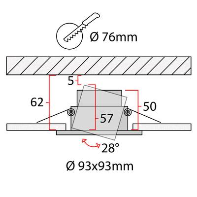 Instalační schéma vestavného svítidla: svítidlo 80 mm, rozměry 95x95 mm, nastavitelný sklon 28 stupňů - Návod k uložení svítidel Led.