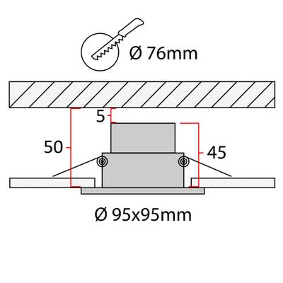Technický výkres čtvercového vestavného svítidla LED: průměr 95 mm, hloubka 55 mm a velikost otvoru 78 mm.