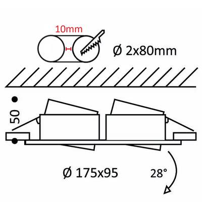 Technický výkres mechanických součástí o rozměrech: 2x 80 mm, ⌀175x95 kruhů, 10mm ozubené kolo a úhel 28° pro svítidlo LED.