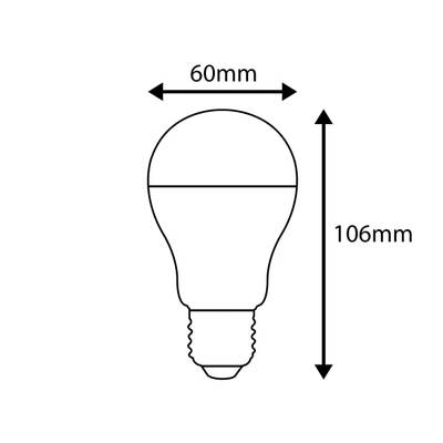 obrys žárovky o šířce 60 mm a výšce 106 mm s dvouhlavými šipkami pro měření v prodejně LED osvětlení.