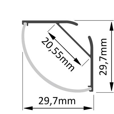 Technické schéma světelného profilu: zakřivený průřez, výška 29,7 mm, šířka 29,7 mm, úhlopříčka 20,55 mm.