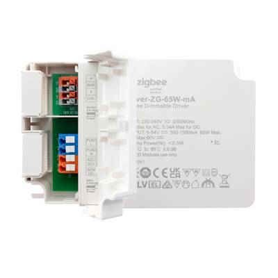 Chytrý stmívatelný ovladač s certifikací Zigbee s informacemi na předním panelu a viditelnými vnitřními připojeními, ideální pro systémy LED osvětlení a inteligentní domácí sestavy.