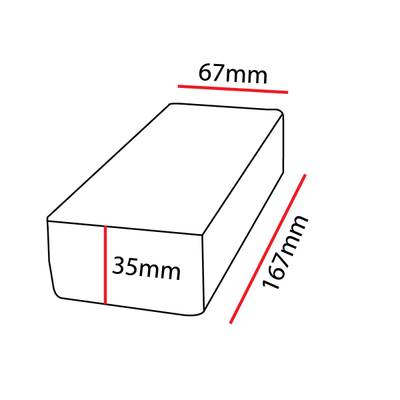 Schéma obdélníkového hranolu o rozměrech: délka 167 mm, šířka 67 mm a výška 35 mm, obkresleného červenými čarami pro referenční osvětlení LED.