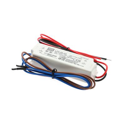 "Obdélníkový regulátor LED s červenými, černými, modrými a hnědými vodiči. Označený "LPV-20-24" se specifikacemi LED osvětlení a certifikáty.