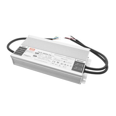 Obdélníkový regulátor LED HLG-480H-24 se vstupními/výstupními kabely v kovovém pouzdře pro energeticky účinná řešení osvětlení.