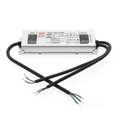 Výrobek pro prodejní místa s LED osvětlením: obdélníkový elektronický regulátor s vyznačenými vstupy/výstupy, viditelné specifikace. Z obou konců vyčnívají černé kabely.
