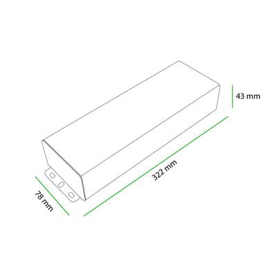 Čárový nákres obdélníkového světelného boxu LED o rozměrech 322 mm (délka) x 78 mm (šířka) x 43 mm (výška), který je ideální pro kompaktní řešení osvětlení.