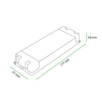 3D čárový výkres obdélníkového LED komponentu, rozměry: šířka 61 mm, délka 177 mm, výška 24 mm pro energeticky účinná řešení osvětlení.