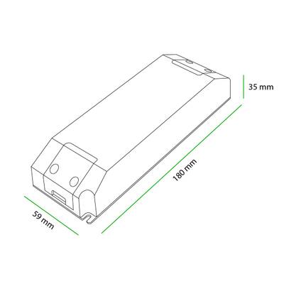 Čárový výkres obdélníkového LED komponentu, rozměry: 180x59x35mm, znázorněno černými a zelenými čarami. Ideální pro LED osvětlení SEO.