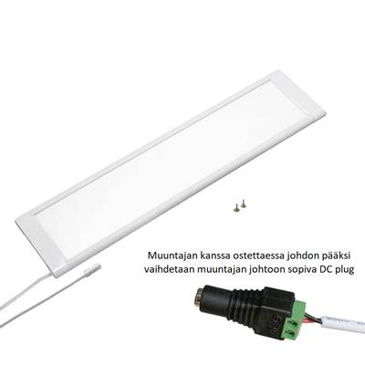 Obdélníkové bílé panelové svítidlo LED pro povrchovou montáž, s napájecím kabelem a upevňovacími šrouby na bílém pozadí.