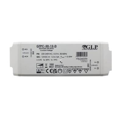 Obdélníkový bílý GLP GTPC-50-12-D LED ovladač, stmívatelný, specifikace, napájecí jednotka.