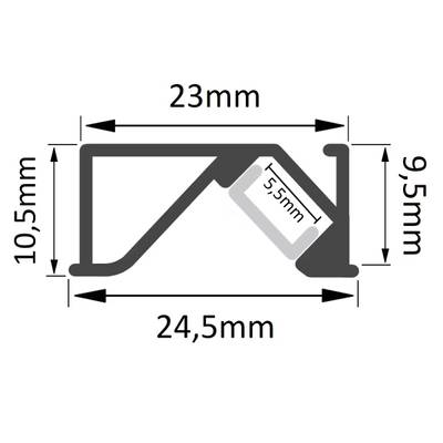 Rozměry LED svítidla: 24,5 mm, 23 mm, 10,5 mm, 9,5 mm, 5,5 mm; šipky označují umístění měřicích bodů
