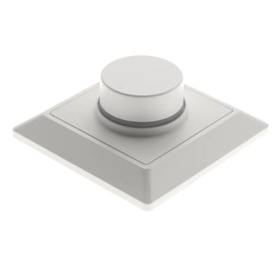 Bílý stmívač světla LED s velkým otočným knoflíkem pro ovládání vnitřního osvětlení. Ploché pozadí.
