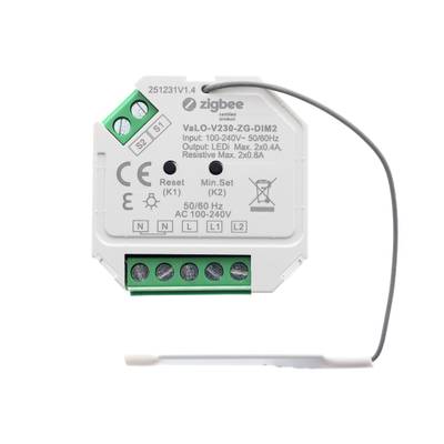 VaLO V230-ZG-DIM2 Stmívač LED Zigbee, svorky a anténa pro inteligentní řešení řízení osvětlení.