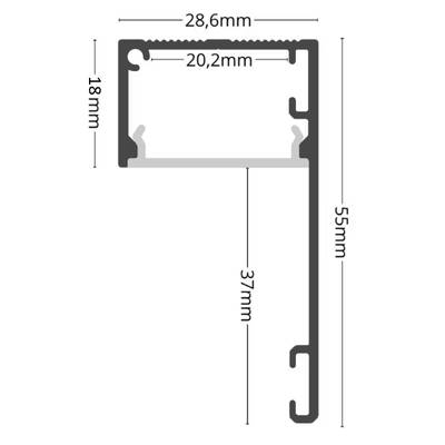Technický výkres černého hliníkového profilu LED, tvar L 28,6x55 mm, vnitřní šířka 20,2 mm, vnitřní výška 37 mm.