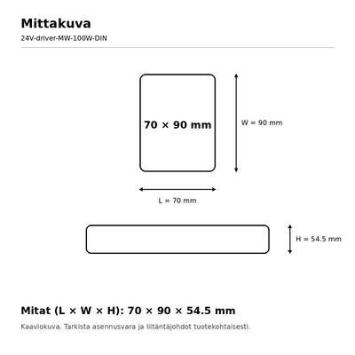 Technický výkres krytu LED svítidla, rozměry 70 x 90 x 54,5 mm, rozměry vyznačeny ve finštině