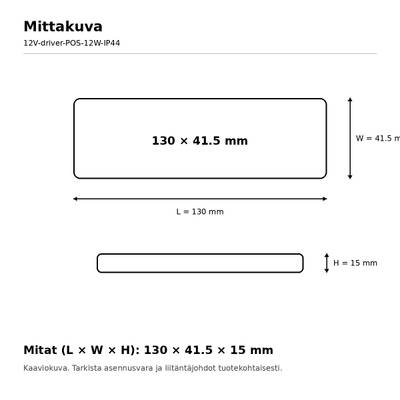 Schéma krytu LED ovladače, 130 × 41,5 × 15 mm, s vyznačenými rozměry délky, šířky a výšky