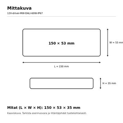 Schéma rozměrových variant LED svítidel: 150 x 53 mm a 150 x 53 x 35 mm s uvedením rozměrů LED.