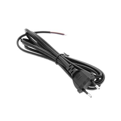 Černý napájecí kabel s dvoukolíkovou zástrčkou a otevřenými dráty, úhledně stočenými; ideální pro instalace osvětlení LED.