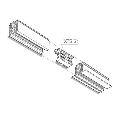 Technické schéma "XTS 21" znázorňuje komponenty a konektory systému kolejového osvětlení na zvětšeném obrázku. Ideální pro řešení LED osvětlení.