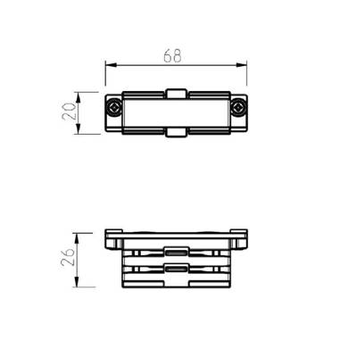 Technické schéma: rozměry obdélníkového konektoru - pohled shora: 68 mm x 20 mm, pohled z boku: výška 26 mm, pro komponenty LED osvětlení.