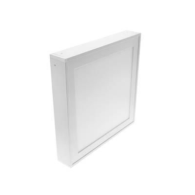 Displej s LED osvětlením: čtvercový bílý panel se silným rámečkem, zasazený do rohu na hladkém bílém pozadí. Ideální pro moderní interiéry.