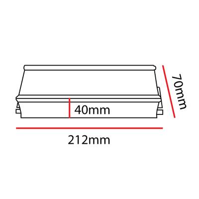 Schéma obdélníkového svítidla LED: délka 212 mm, výška 70 mm, šířka 40 mm; rozměry jsou pro přehlednost vyznačeny červeně.