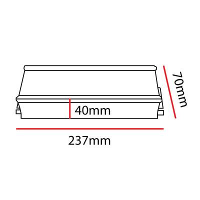 Čárový výkres lichoběžníkového svítidla LED, rozměry vyznačené červeně: výška 40 mm, šířka 237 mm a hloubka 70 mm.