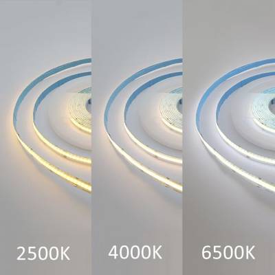 lED pásky 2500K, 4000K a 6500K osvětlují bílé povrchy od teplých po studené.