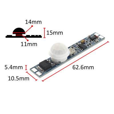 Tenký PIR senzor pro LED osvětlení, kompaktní deska s plošnými spoji a kryt, 62,6 x 10,5 x 5,4 mm, kryt 14 x 15 mm