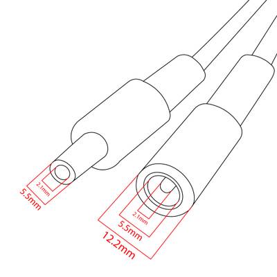 Obrázek zástrčky a zásuvky; rozměry zástrčky 5,5 mm x 2,2 mm, rozměry zásuvky 12,2 mm x 5,6 mm, ideální pro připojení LED osvětlení.
