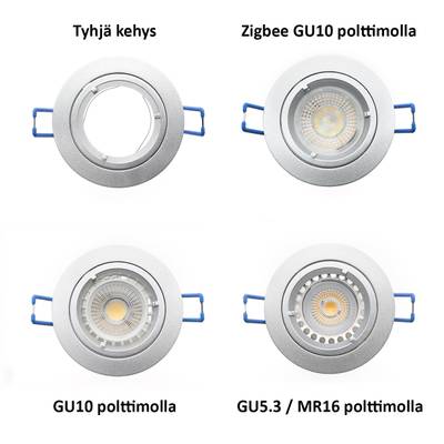 Čtyři kulatá stropní svítidla s namontovanými žárovkami Zigbee GU10, standardními GU10 a GU5,3/MR16; jedno svítidlo je prázdný rámeček s modrými bočními klipy.