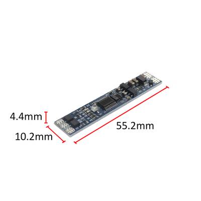 Čárový výkres desky s elektronickými obvody, rozměry 55 mm x 10 mm x 3 mm, podrobně popsaný součástkami - ideální pro aplikace LED osvětlení.