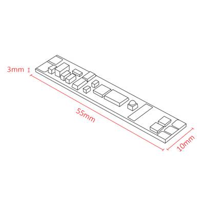 Čárový výkres desky s elektronickými obvody, rozměry 55 mm x 10 mm x 3 mm, podrobně popsaný součástkami - ideální pro aplikace LED osvětlení.