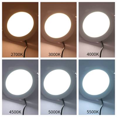 Srovnání LED světel s barevnými teplotami 2700K, 3000K, 4000K, 4500K, 5000K a 5500K pro demonstraci možností osvětlení.