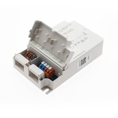 Šedé elektrické svítidlo s otevřeným víkem, které odhaluje barevné konektory a označené přihrádky; ideální pro instalace osvětlení LED.