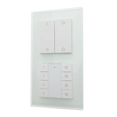 Alternativní text: "LED spínací panel pro chytrou domácnost s několika tlačítky na stylovém skleněném pozadí pro moderní řešení osvětlení.