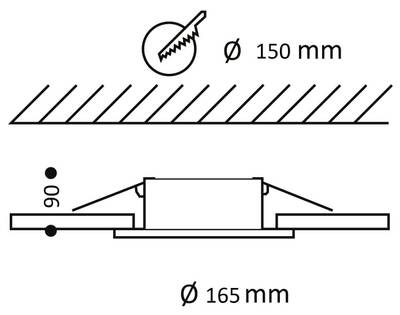 Instalační schéma pro vestavné svítidlo: hloubka 90 mm, průměr řezu 150 mm, celkový průměr 165 mm - pohyb osvětlení LED.
