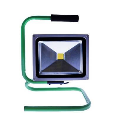 Přenosné pracovní LED svítidlo se zelenou základnou, černou rukojetí, obdélníkovým tvarem a reflexním vnitřkem pro optimální osvětlení.