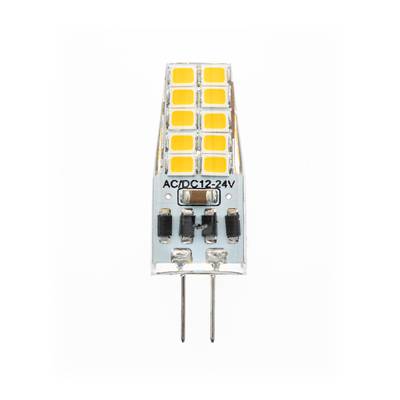 LED žárovka s několika žlutými diodami, označení AC/DC 12-24 V, patice se dvěma kovovými kolíky pro univerzální řešení osvětlení.