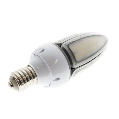 Svítidlo LED s kovovou šroubovací paticí a podlouhlým tvarem s bílou základnou, ideální pro energeticky úsporná řešení osvětlení.