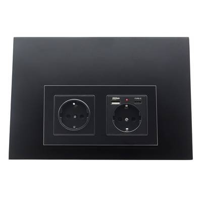Černý nástěnný panel LED osvětlení se dvěma zásuvkami a portem USB-C pro moderní elektroinstalaci.